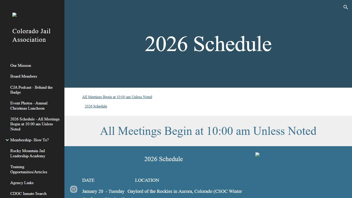 Colorado Jail Association - 2026 Schedule - All Meetings Begin at 10:00 am Unless Noted