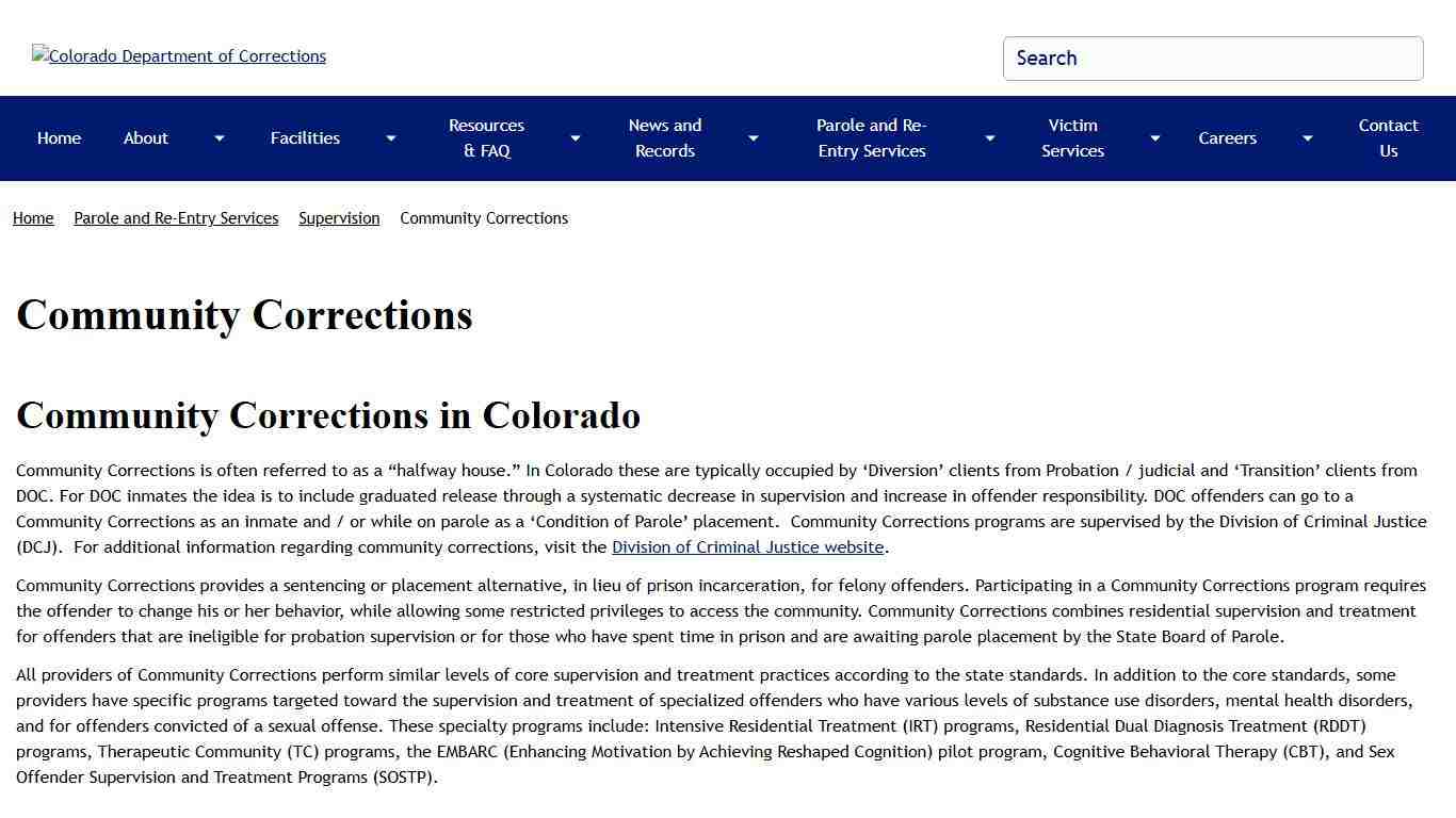 Community Corrections Colorado Department of Corrections